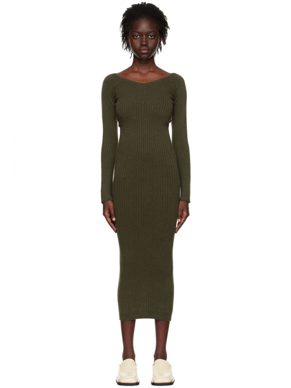 BASERANGE Green Tights Midi Dress Rib Knit Merino Wool Long Sleeve Sz XS